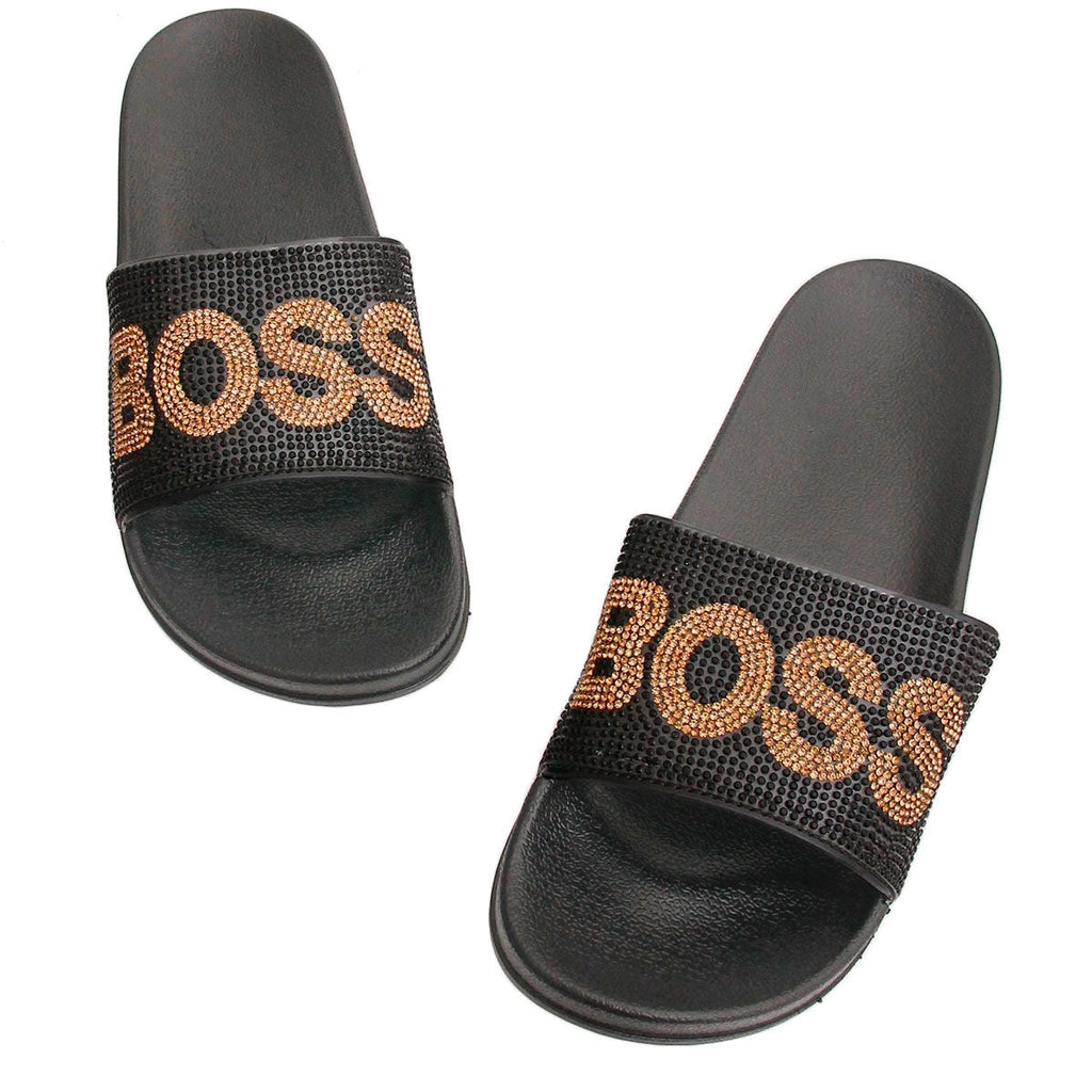Black Rhinestone "Boss" Logo Slide Sandals