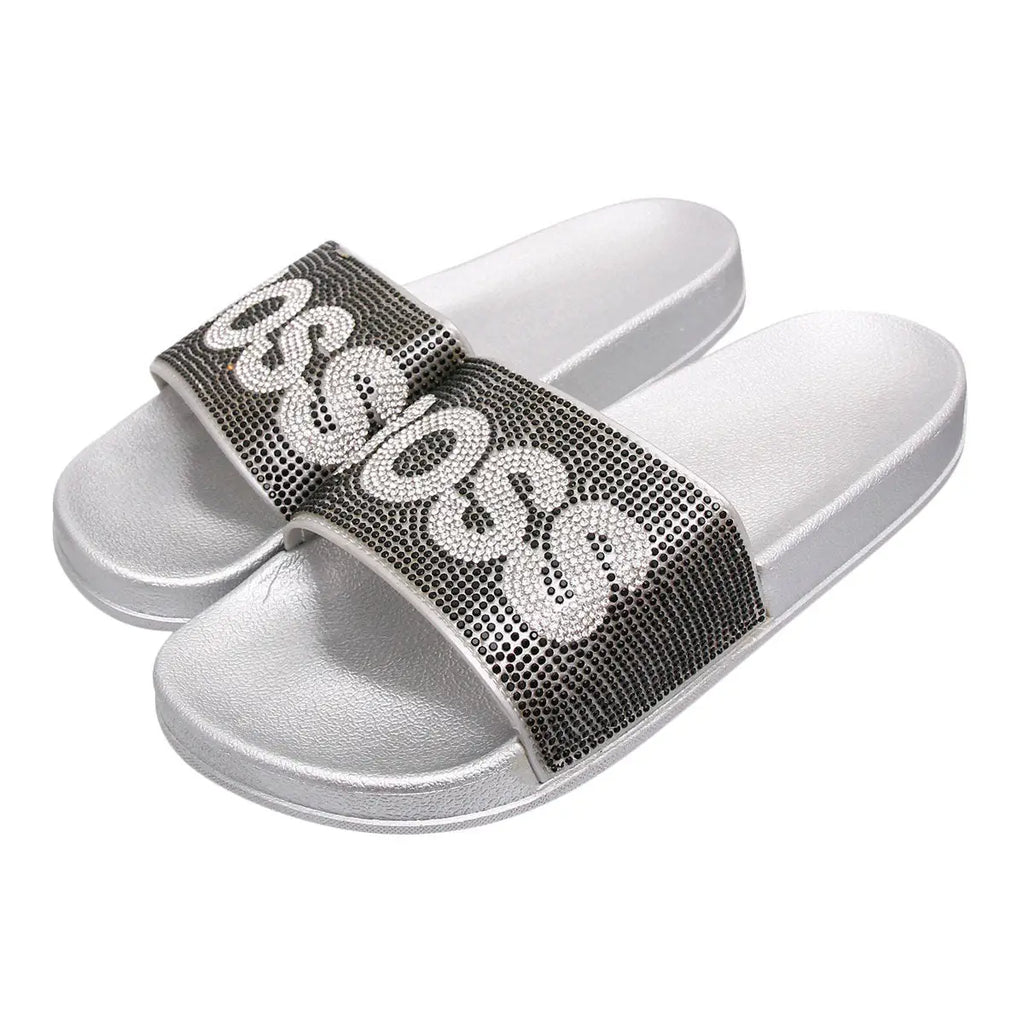 Black Rhinestone "Boss" Logo Slide Sandals