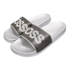 Black Rhinestone "Boss" Logo Slide Sandals