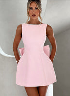 Fashion Big-Bowed Pearls Backless Dress Summer Slim Sleeveless A-line