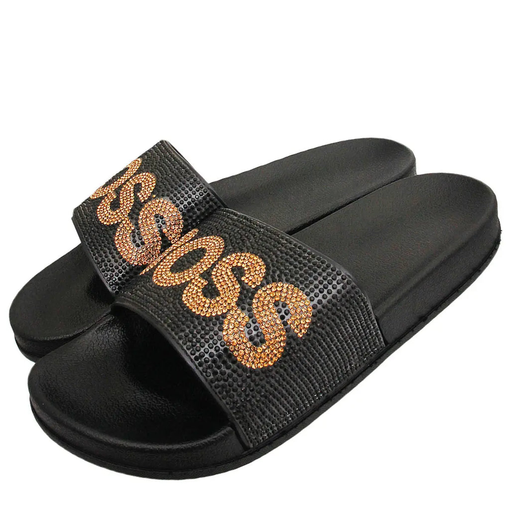 Black Rhinestone "Boss" Logo Slide Sandals
