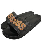 Black Rhinestone "Boss" Logo Slide Sandals