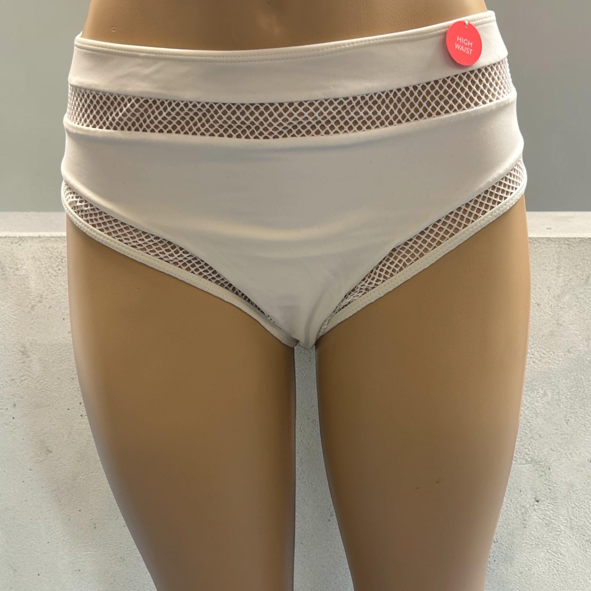 White High-Waist Mesh Insert Bikini Bottoms