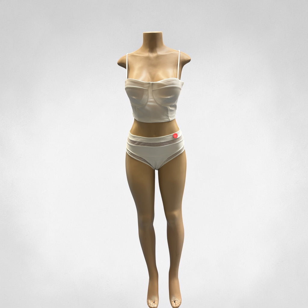 White High-Waist Mesh Insert Bikini Bottoms