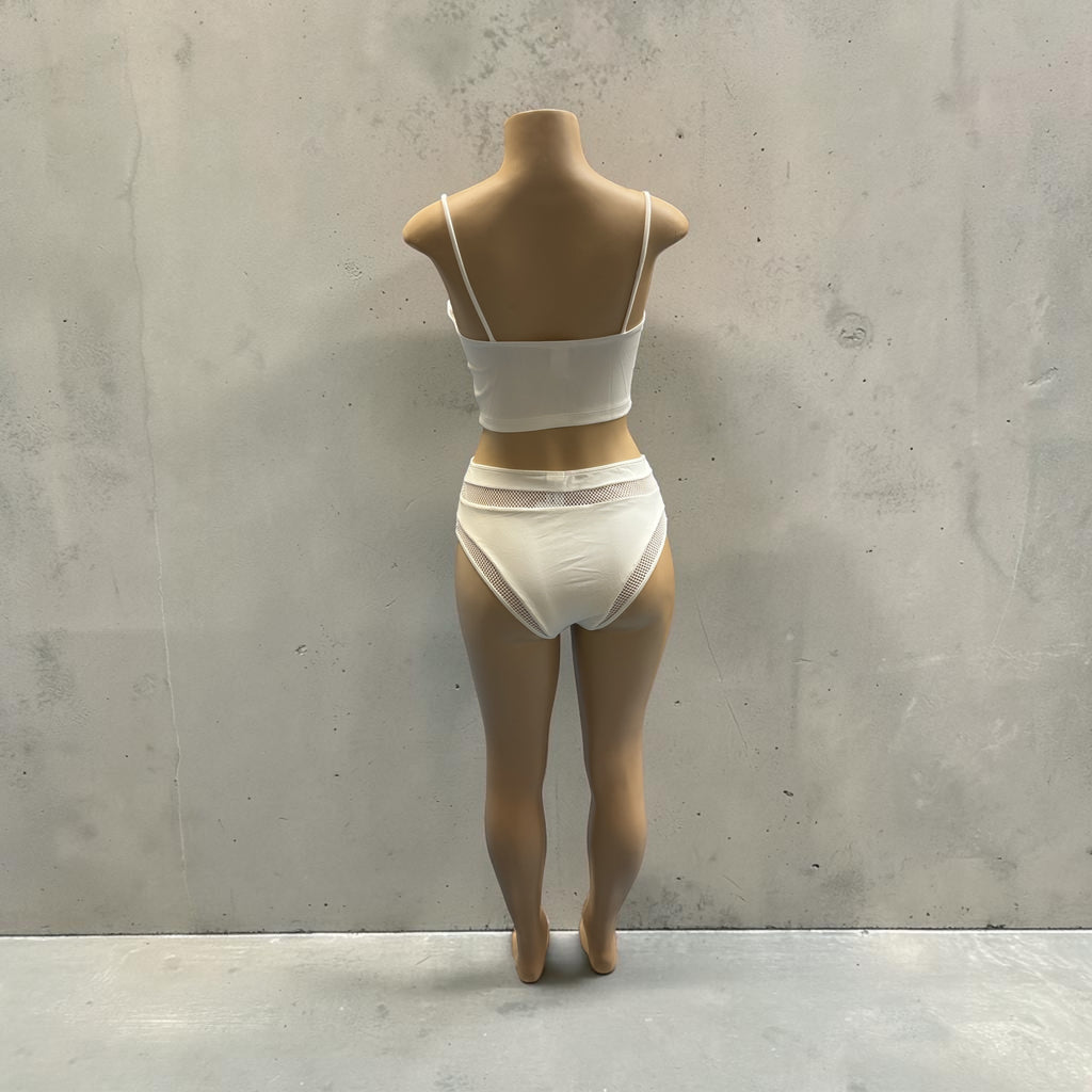 White High-Waist Mesh Insert Bikini Bottoms