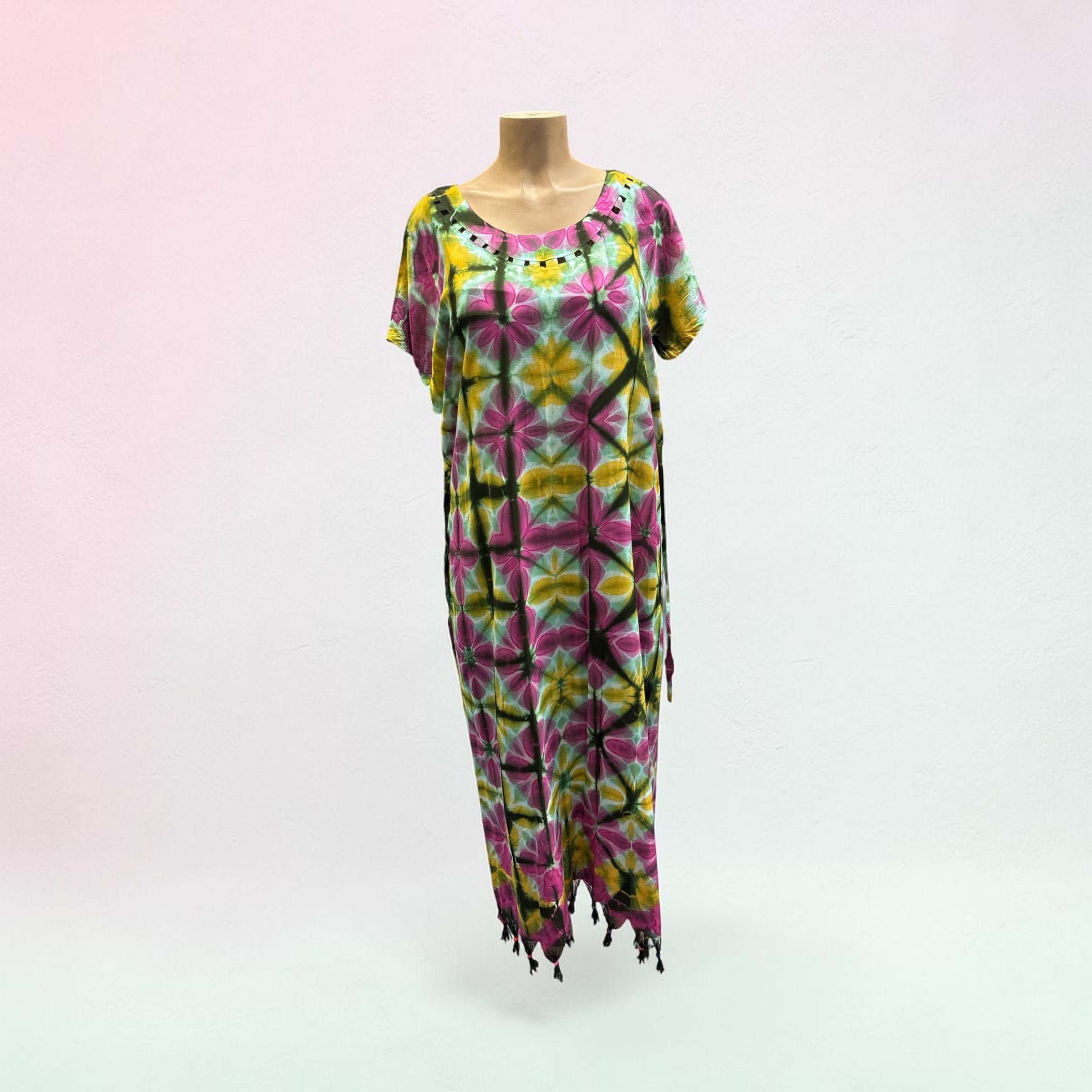 Bohemian Brown Tie-Dye Embroidered Kaftan Dress