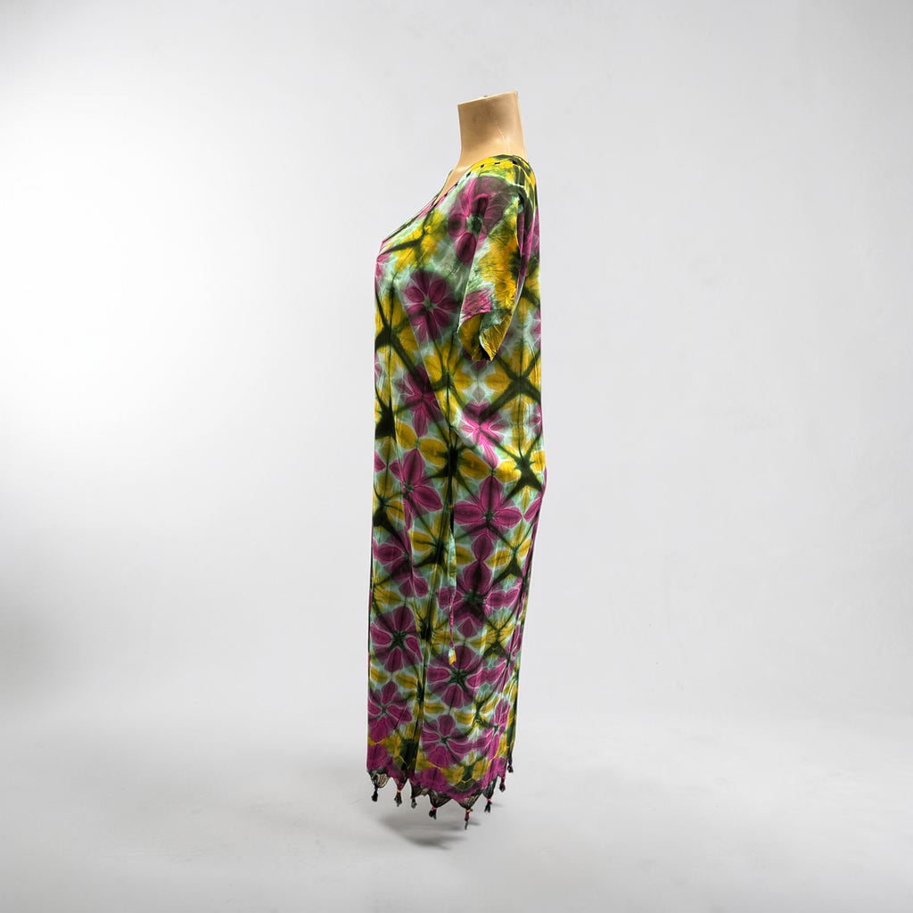 Bohemian Brown Tie-Dye Embroidered Kaftan Dress
