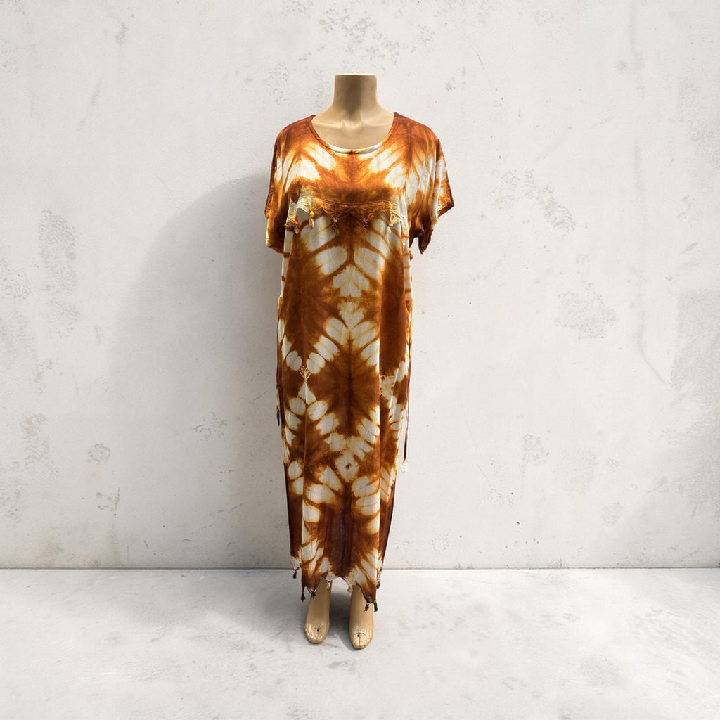 Bohemian Brown Tie-Dye Embroidered Kaftan Dress