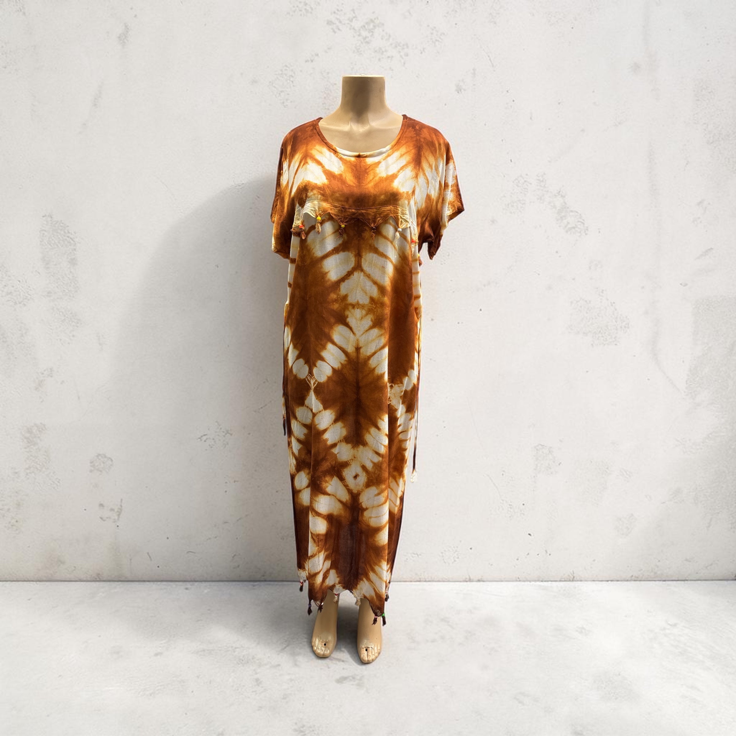 Bohemian Brown Tie-Dye Embroidered Kaftan Dress
