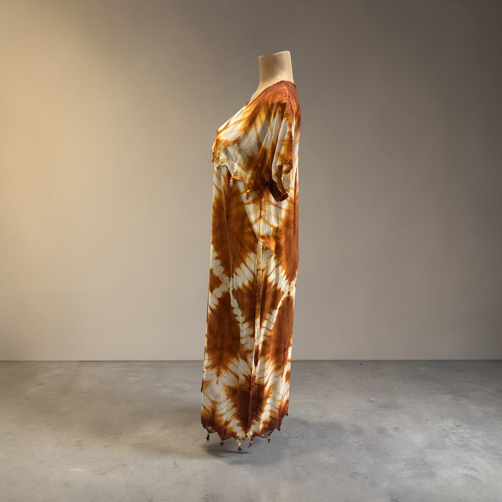 Bohemian Brown Tie-Dye Embroidered Kaftan Dress