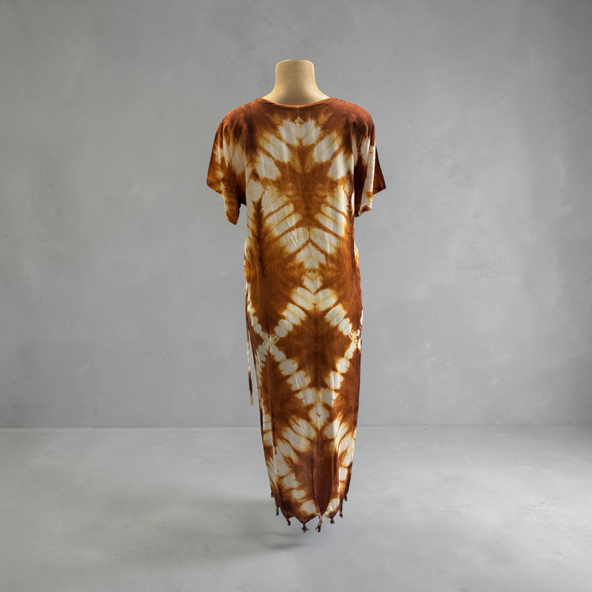 Bohemian Brown Tie-Dye Embroidered Kaftan Dress