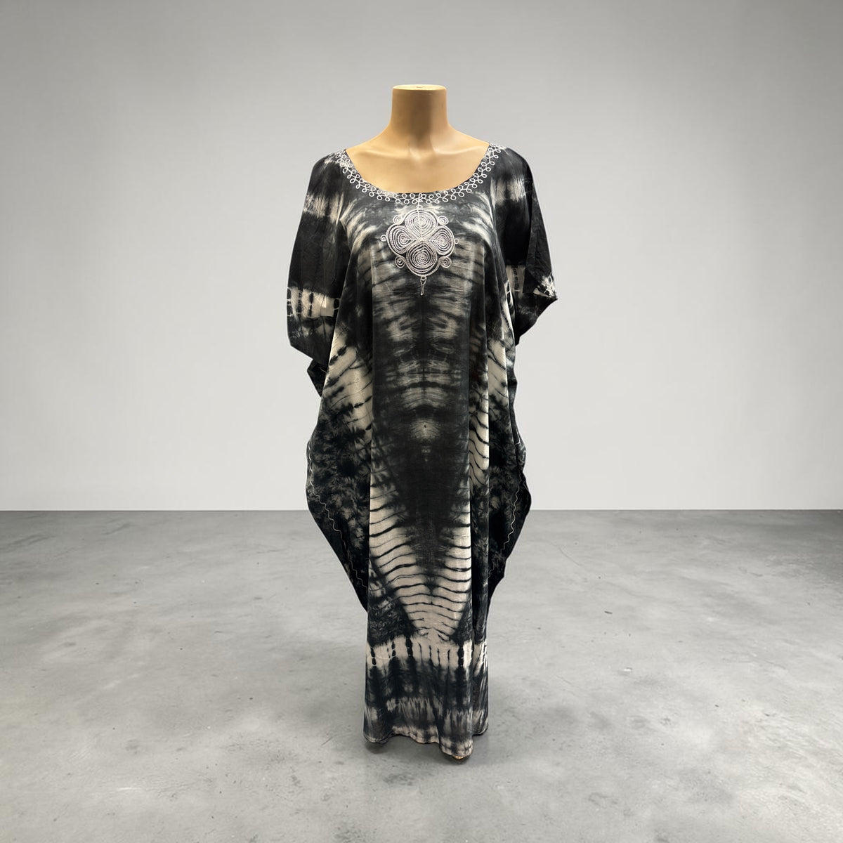 Bohemian Brown Tie-Dye Embroidered Kaftan Dress