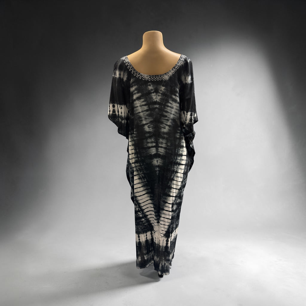 Bohemian Brown Tie-Dye Embroidered Kaftan Dress