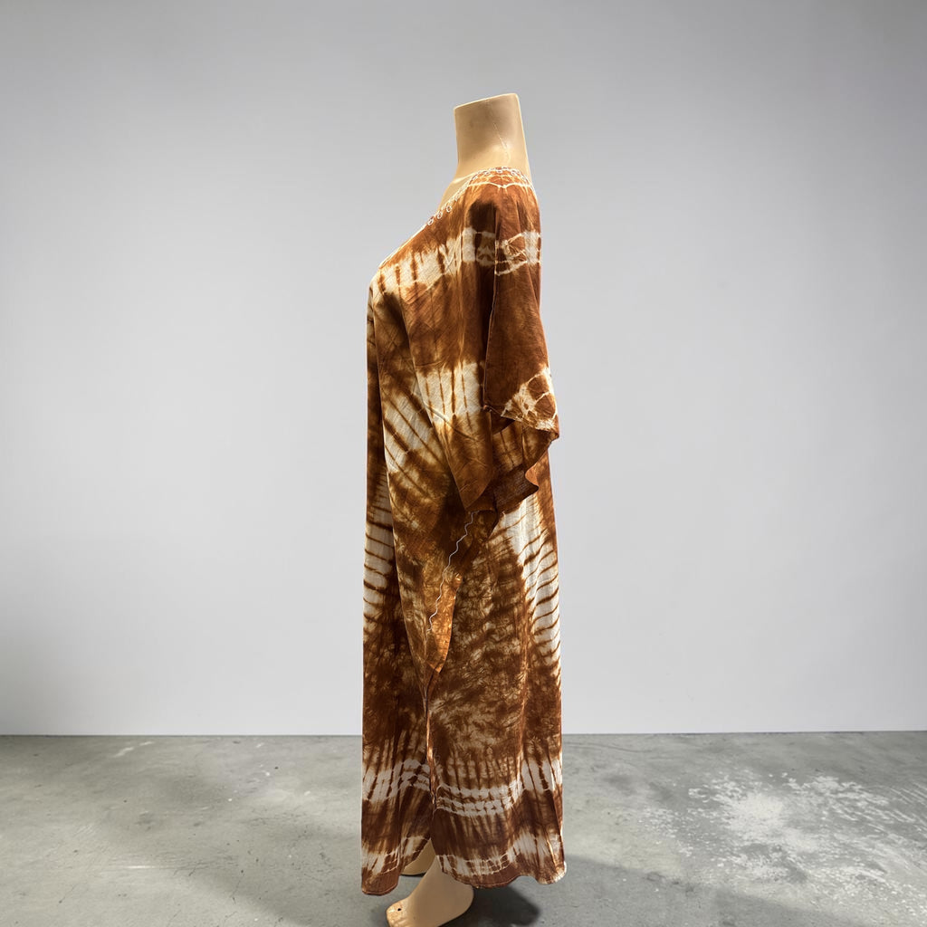 Bohemian Brown Tie-Dye Embroidered Kaftan Dress