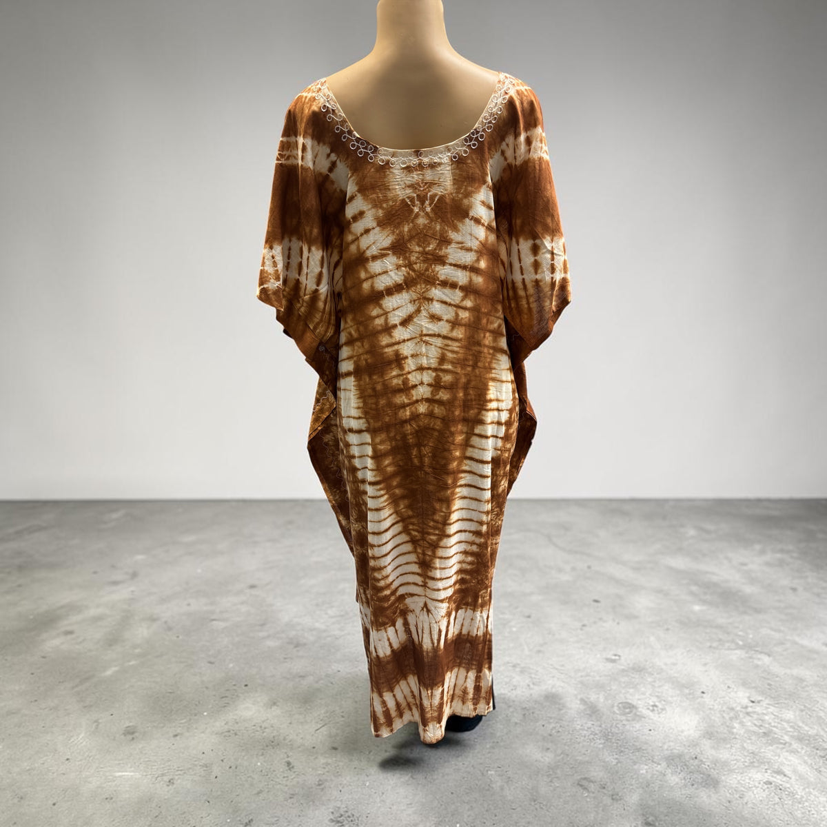 Bohemian Brown Tie-Dye Embroidered Kaftan Dress