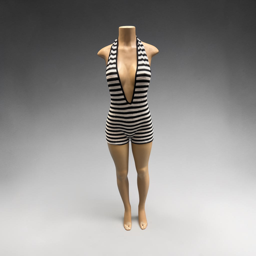 Black & White Striped Plunging Halter Knit Romper