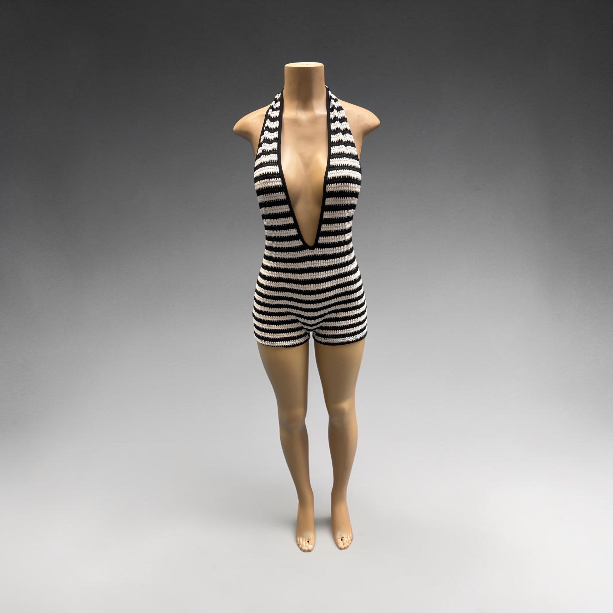 Black & White Striped Plunging Halter Knit Romper