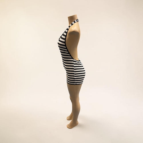 Black & White Striped Plunging Halter Knit Romper