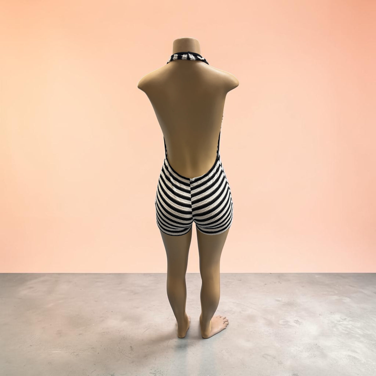 Black & White Striped Plunging Halter Knit Romper