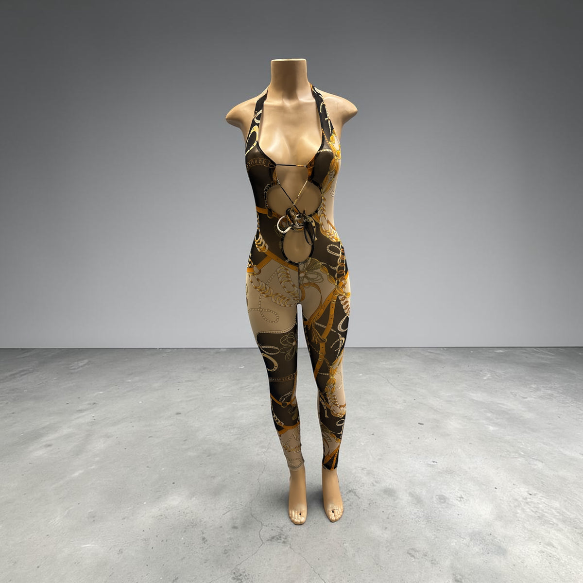 Gold Chain Print Cut-Out Halter Jumpsuit