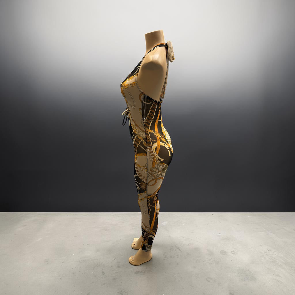 Gold Chain Print Cut-Out Halter Jumpsuit