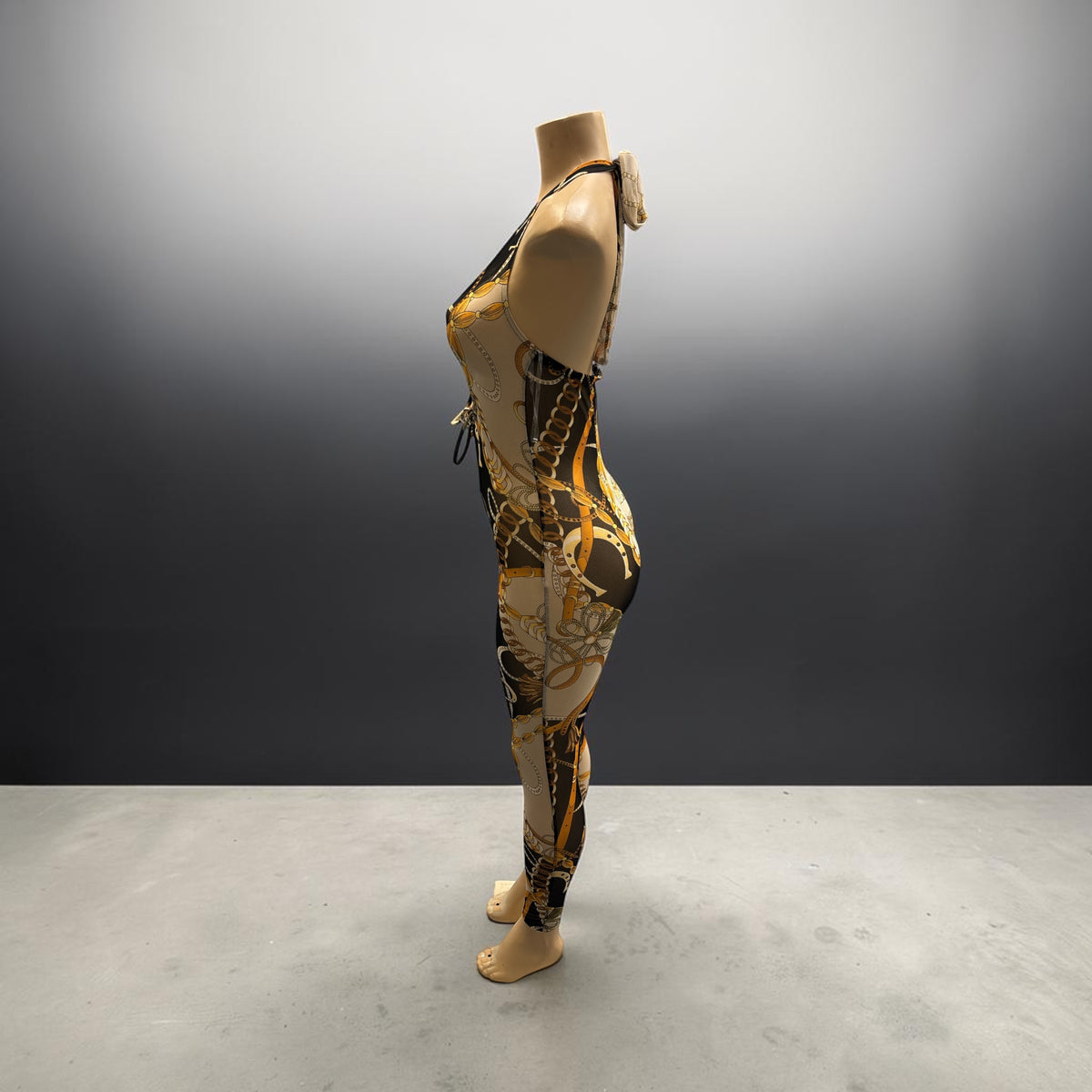 Gold Chain Print Cut-Out Halter Jumpsuit