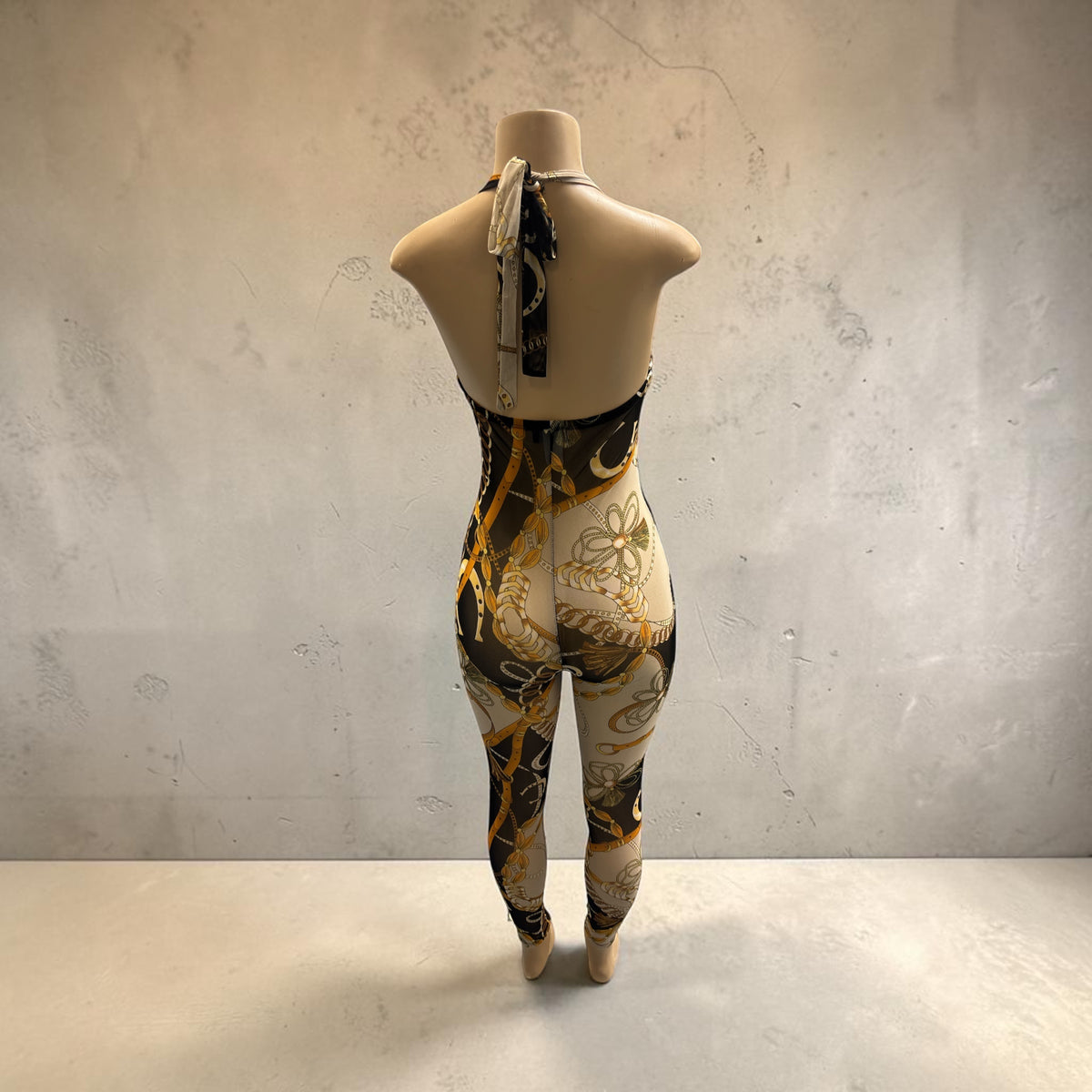 Gold Chain Print Cut-Out Halter Jumpsuit