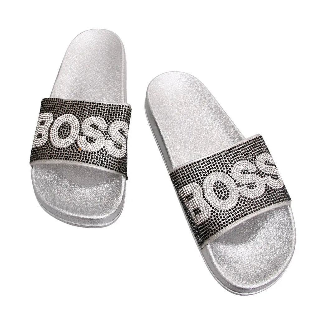 Black Rhinestone "Boss" Logo Slide Sandals