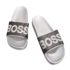 Black Rhinestone "Boss" Logo Slide Sandals