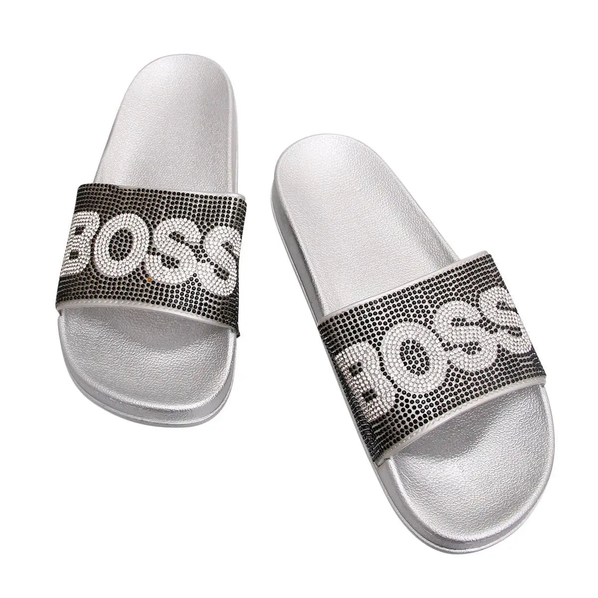 Black Rhinestone "Boss" Logo Slide Sandals