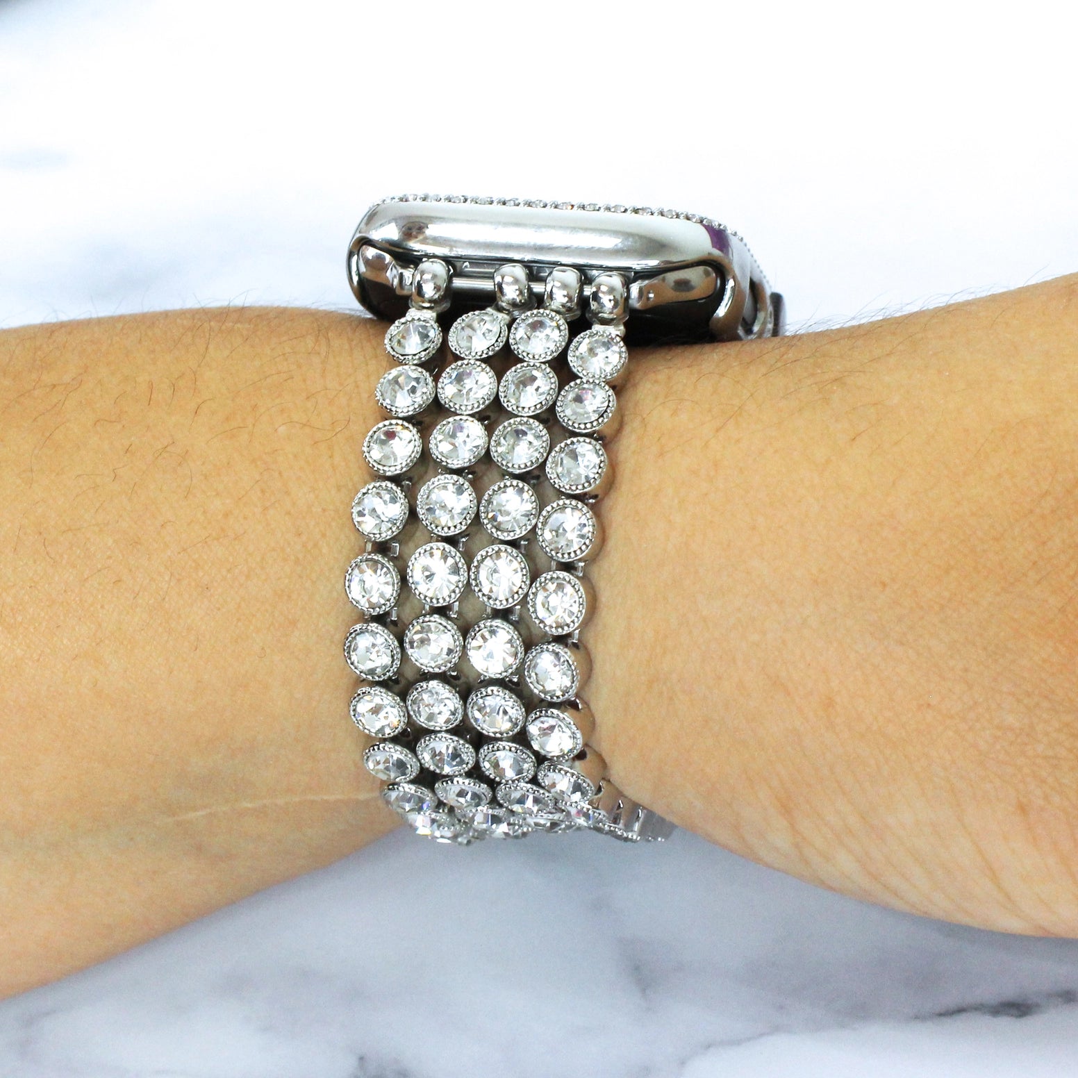 Crystal Diamond Bling Cz Silver Stretch Elastic Apple Watch