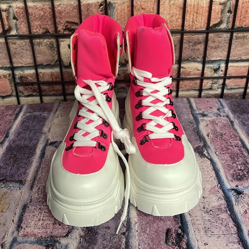 Hot Pink & White Chunky Platform Combat Boots