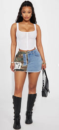 Women’s Split Camo & Denim Patchwork Mini Skirt – Raw Hem Graphic Patch Streetwear Skirt