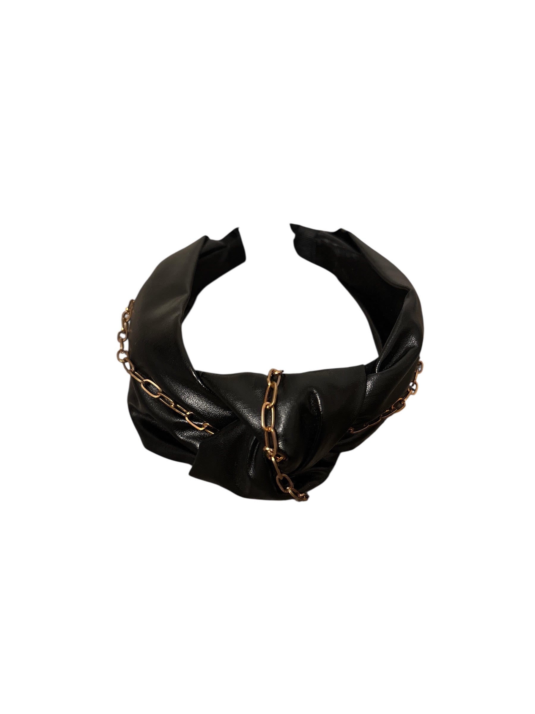 Stylish Faux Leather Knot Headband with Gold Chain Detail