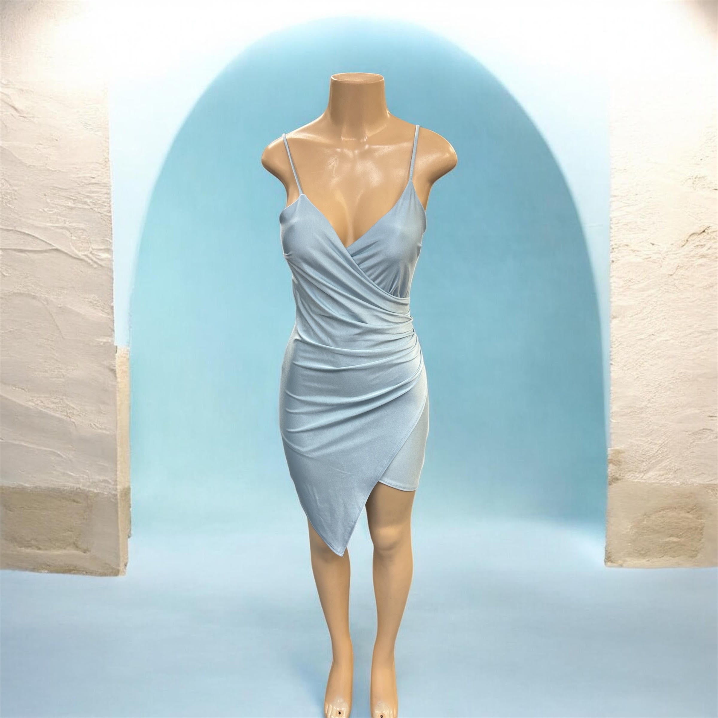 Seraphina Light Blue Ruched Wrap Mini Dress