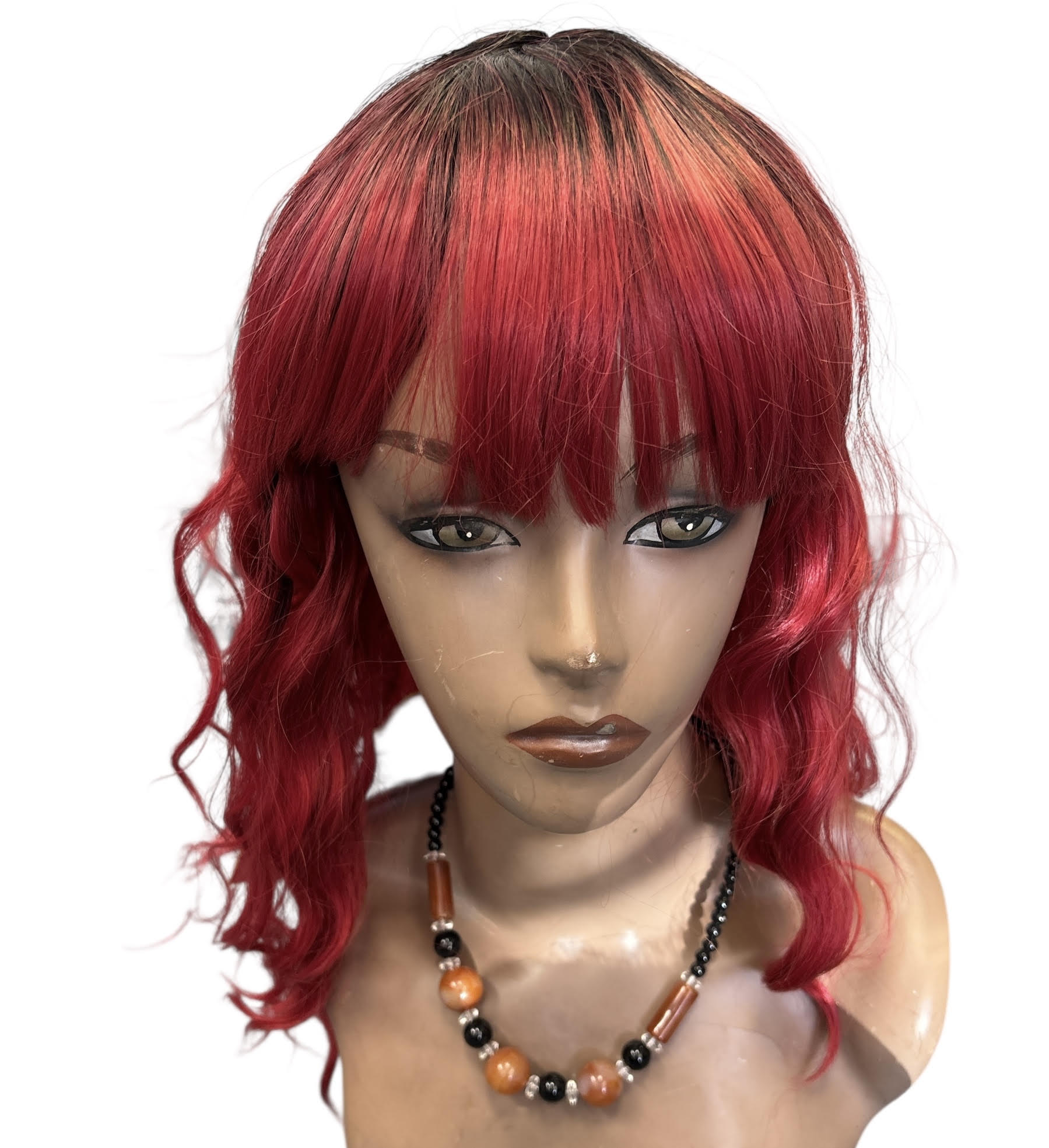 Short Red Ombre Bob Wig with Bangs and Dark Roots