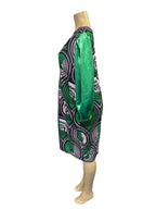 green satin bubble sleeves.