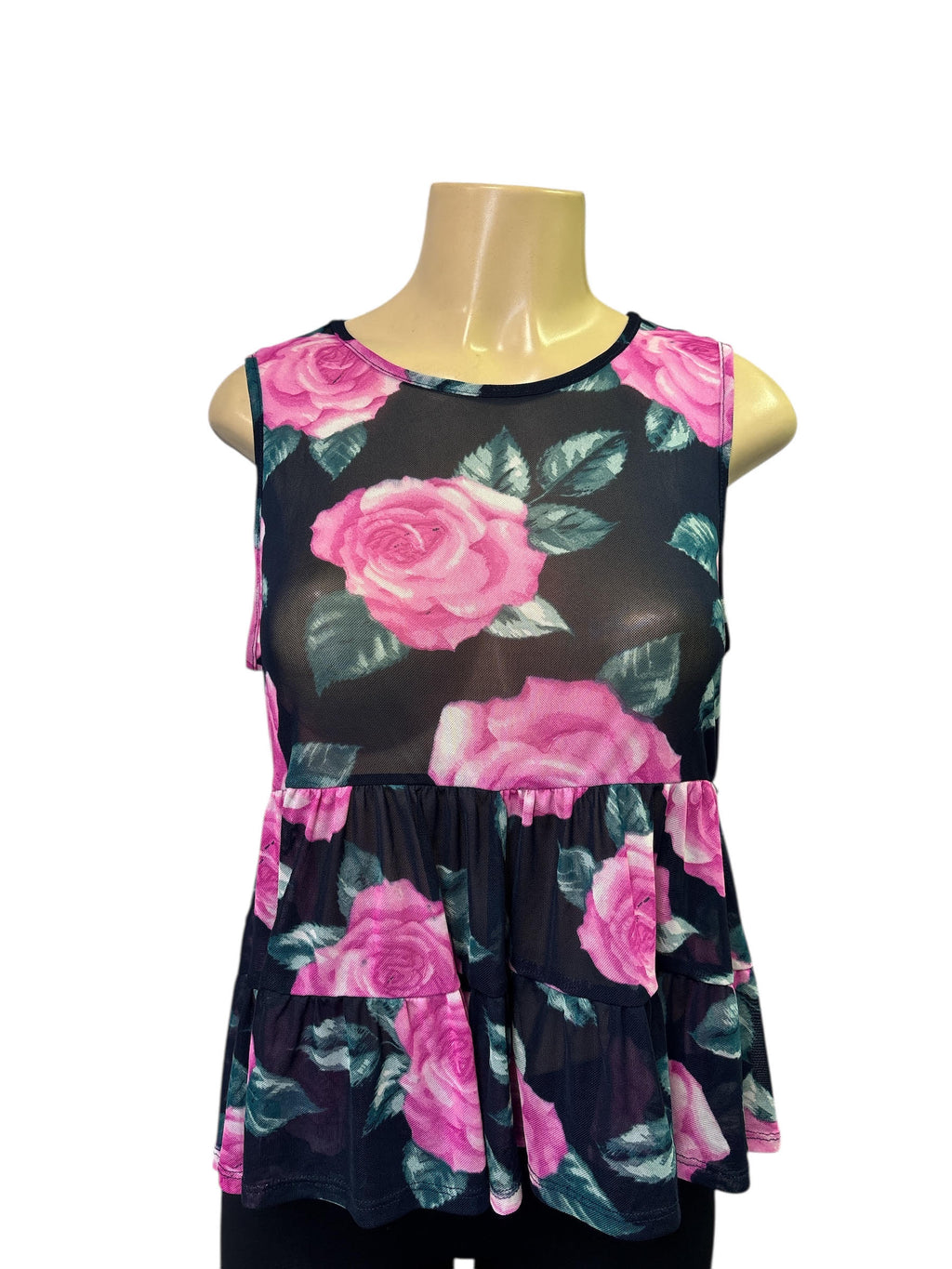 Romantic Pink Rose Mesh Tiered Peplum Top