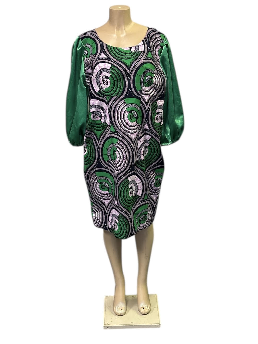 green satin bubble sleeves.