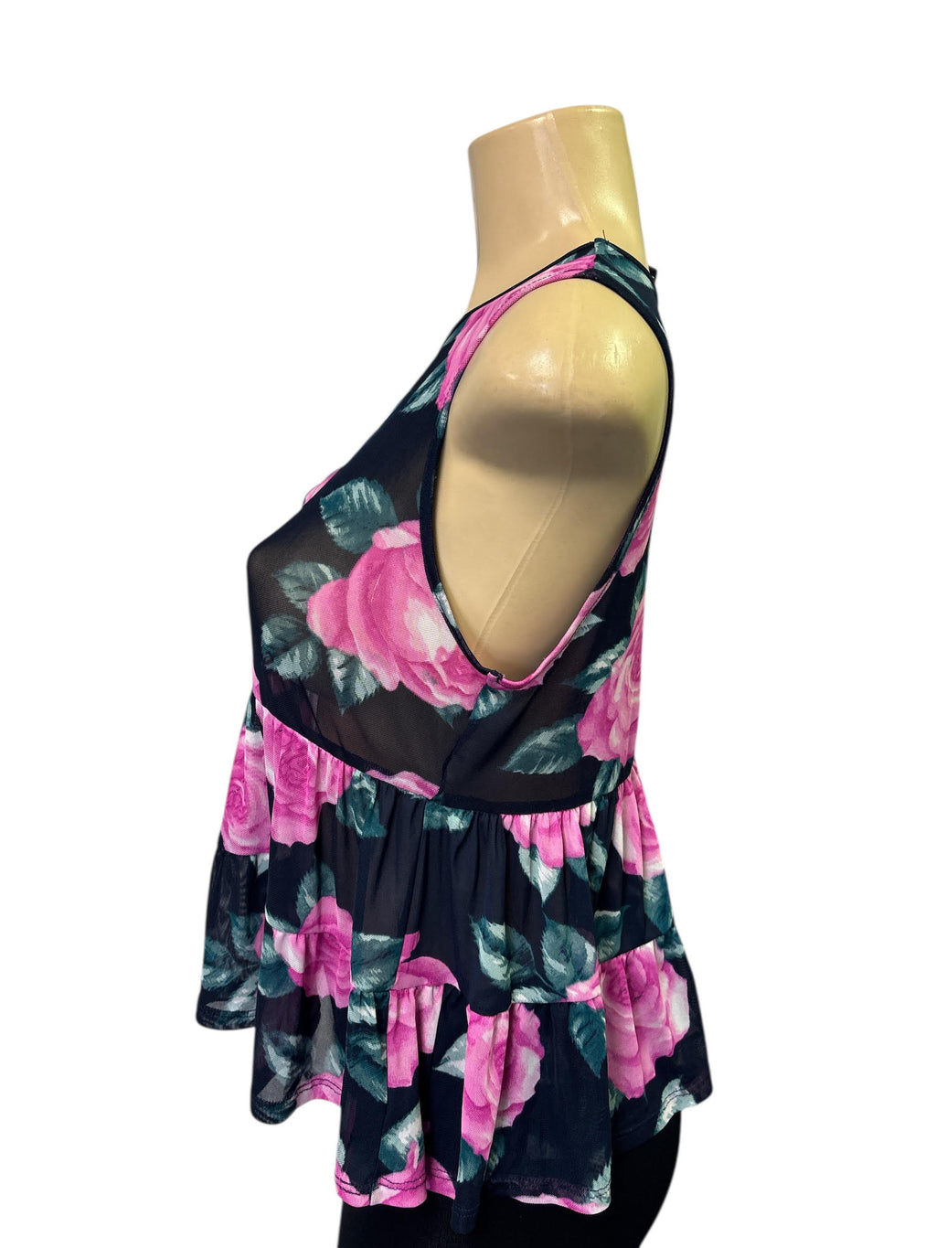 Romantic Pink Rose Mesh Tiered Peplum Top