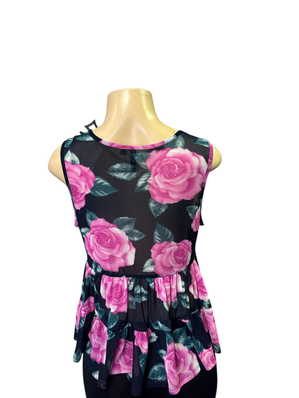 Romantic Pink Rose Mesh Tiered Peplum Top