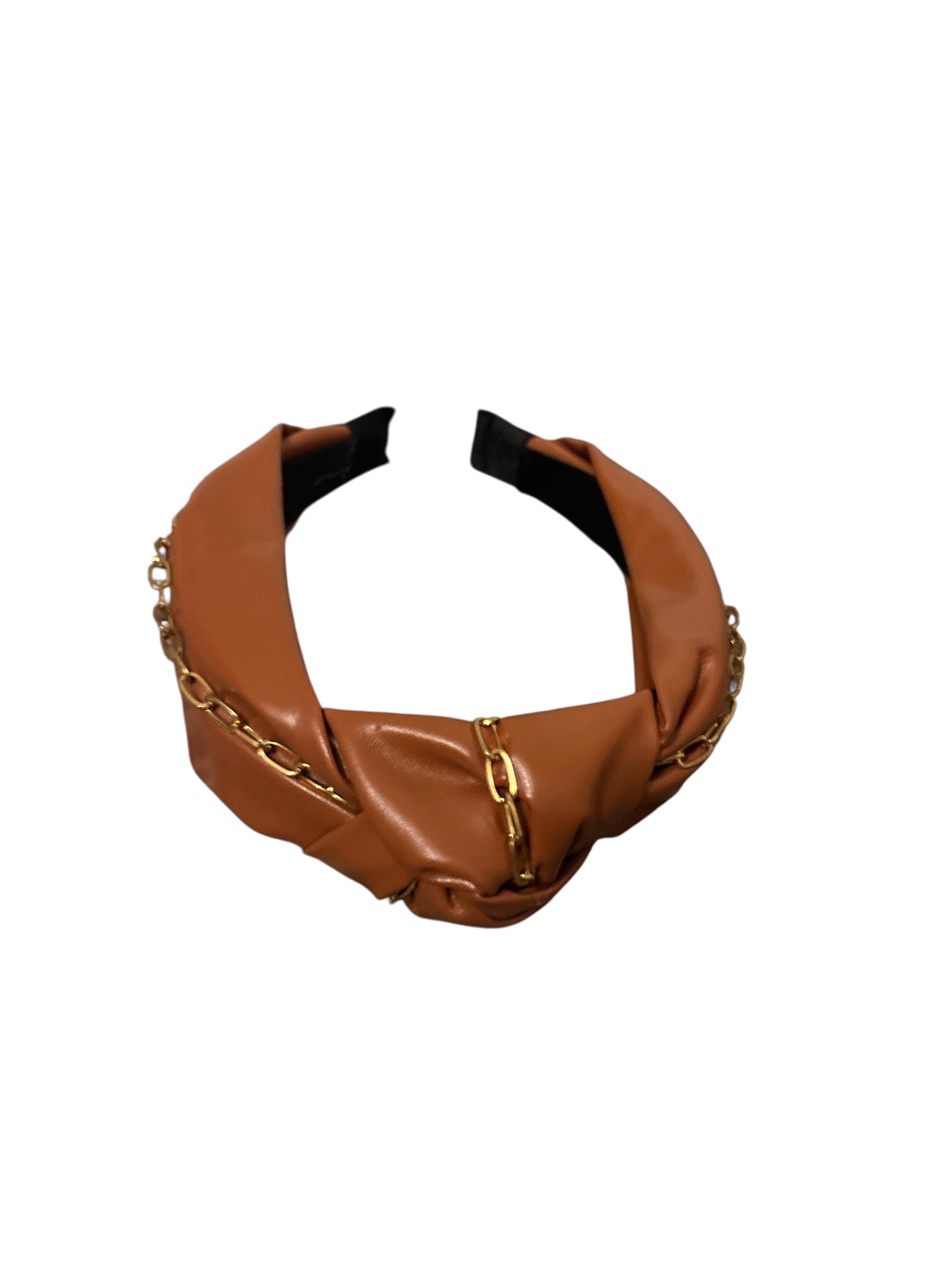Stylish Faux Leather Knot Headband with Gold Chain Detail