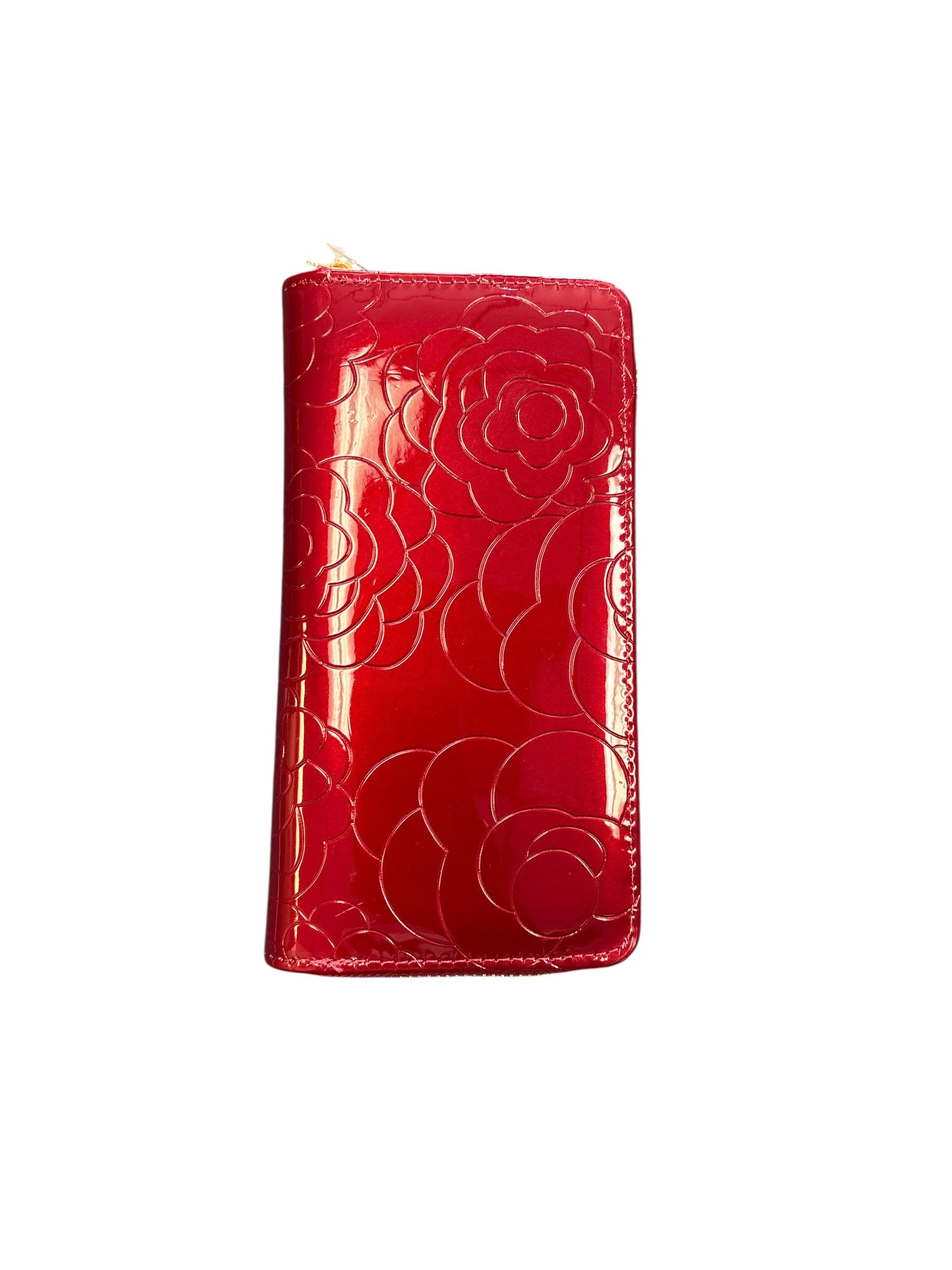 red rose patten leather zippered wallet