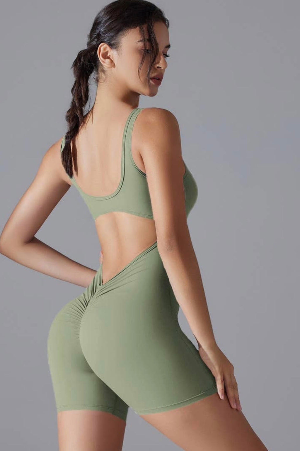 Women’s Sage Green Backless Workout Romper – Scrunch Butt Lifting Yoga Onesie