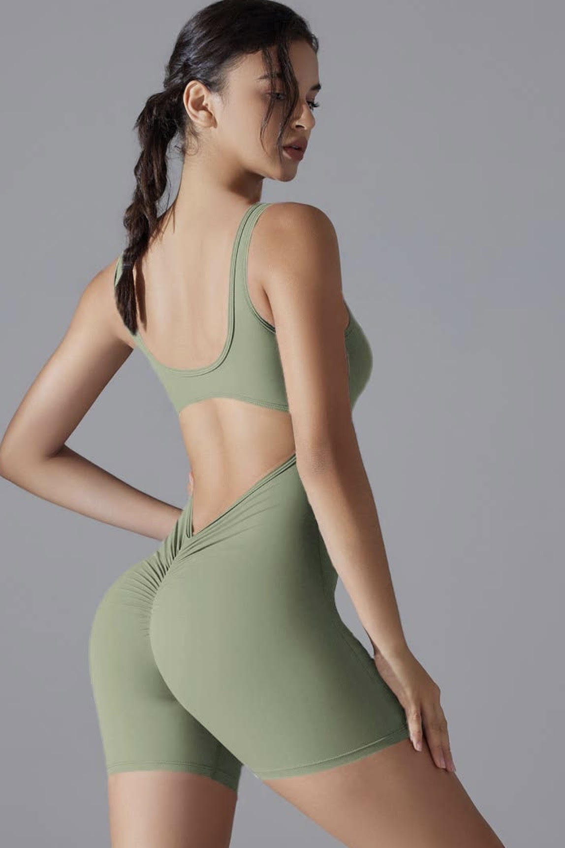 Women’s Sage Green Backless Workout Romper – Scrunch Butt Lifting Yoga Onesie