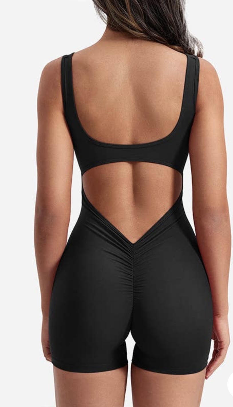 Women’s Sage Green Backless Workout Romper – Scrunch Butt Lifting Yoga Onesie