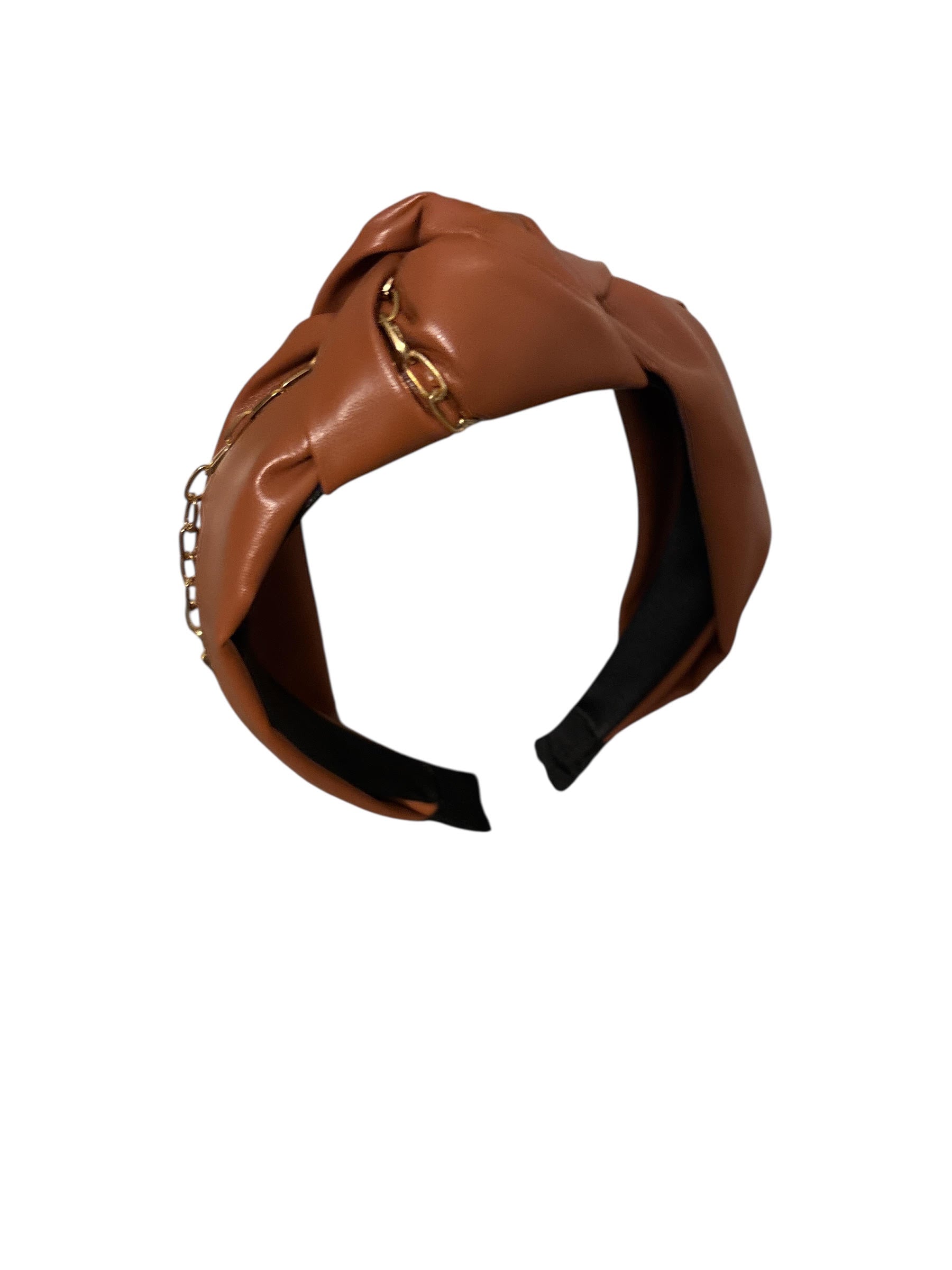 Stylish Faux Leather Knot Headband with Gold Chain Detail