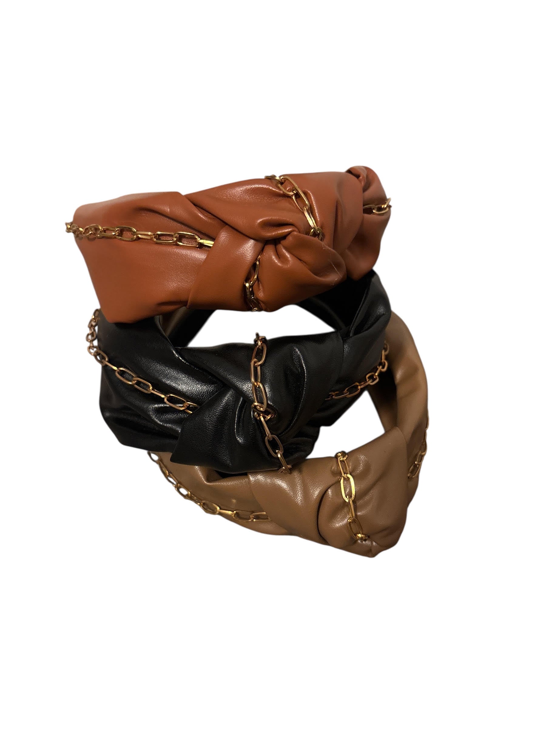 Stylish Faux Leather Knot Headband with Gold Chain Detail