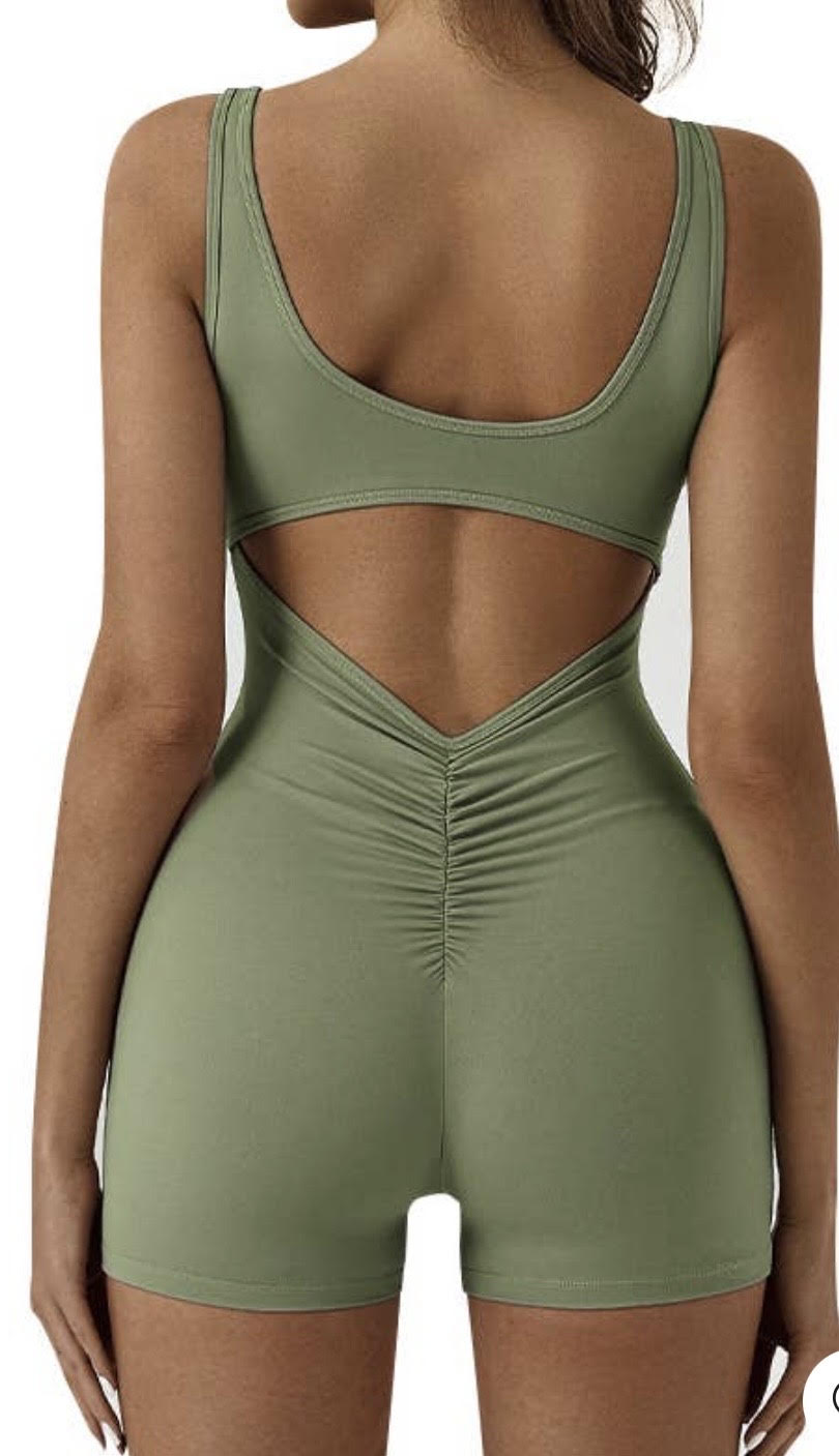 Women’s Sage Green Backless Workout Romper – Scrunch Butt Lifting Yoga Onesie
