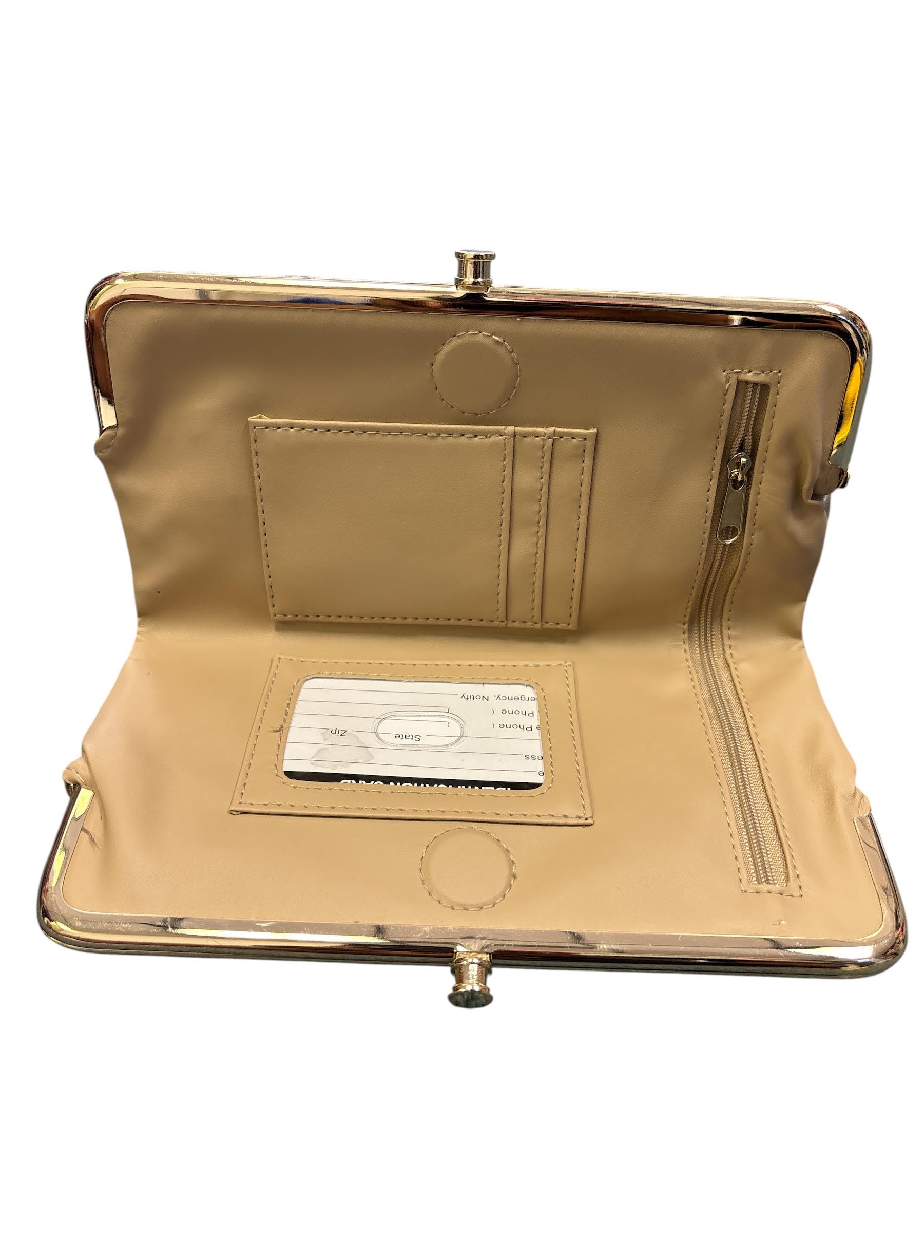 Gold kiss-lock clutch wallet
